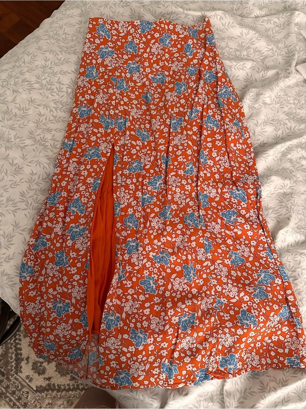 Maeve Orange Floral Midi Skirt with Blue Accents